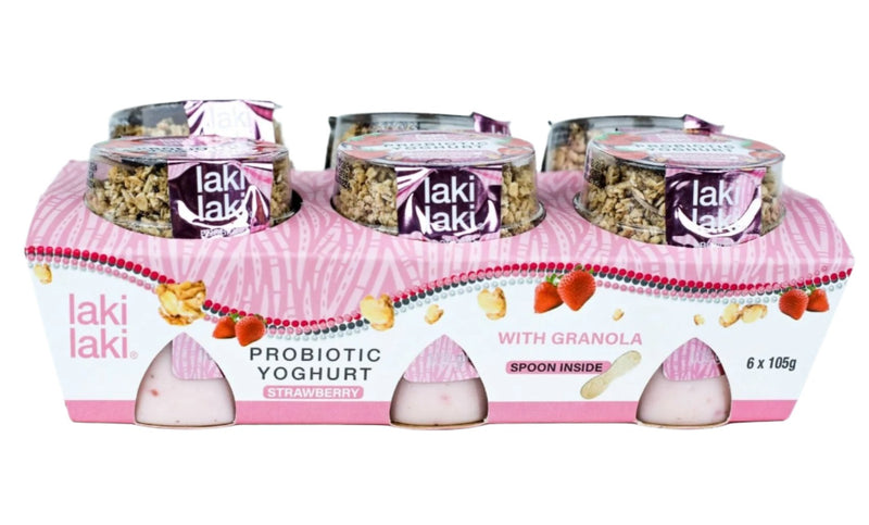 Laki Laki Probiotic Yoghurt Strawberry With Granola, 105g x 6pc