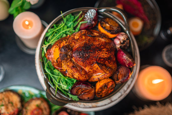 Spiced roast chicken and harissa gravy