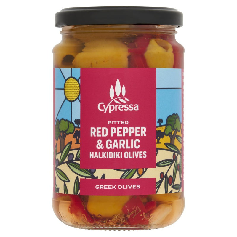 Cypressa Halkidiki Green Pitted Olives In Garlic, Red Peppers And Herbs, 315g