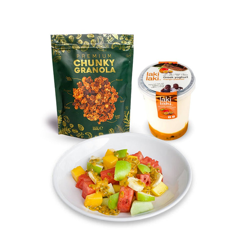 Artcaffe Chunky Granola 100g with Laki Laki Yoghurt & Fruit Salad