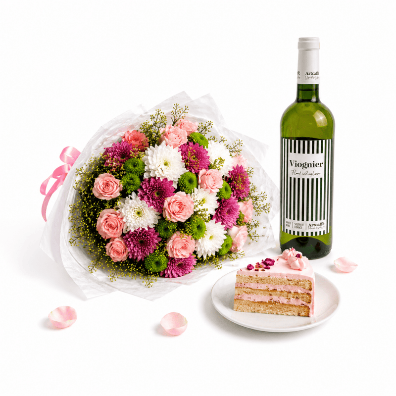 Artcaffé Wine, Cake Slice & Blooms Gift Trio